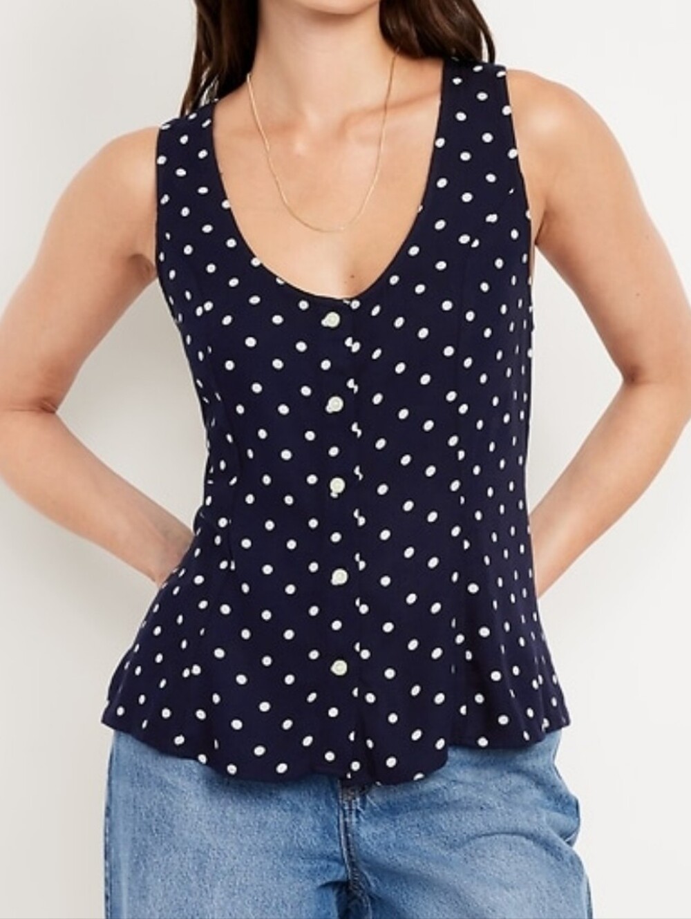Old Navy Navy Blue and White Polka Dot Button-Front Tank with fitted darting